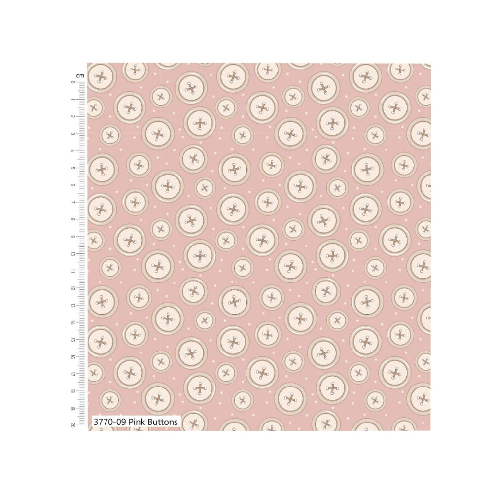 100% Cotton Fabric Toybox Treasures Pink Buttons