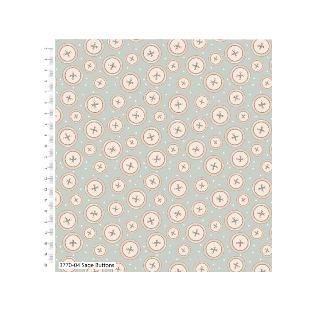 100% Cotton Fabric Toybox Treasures Sage Buttons