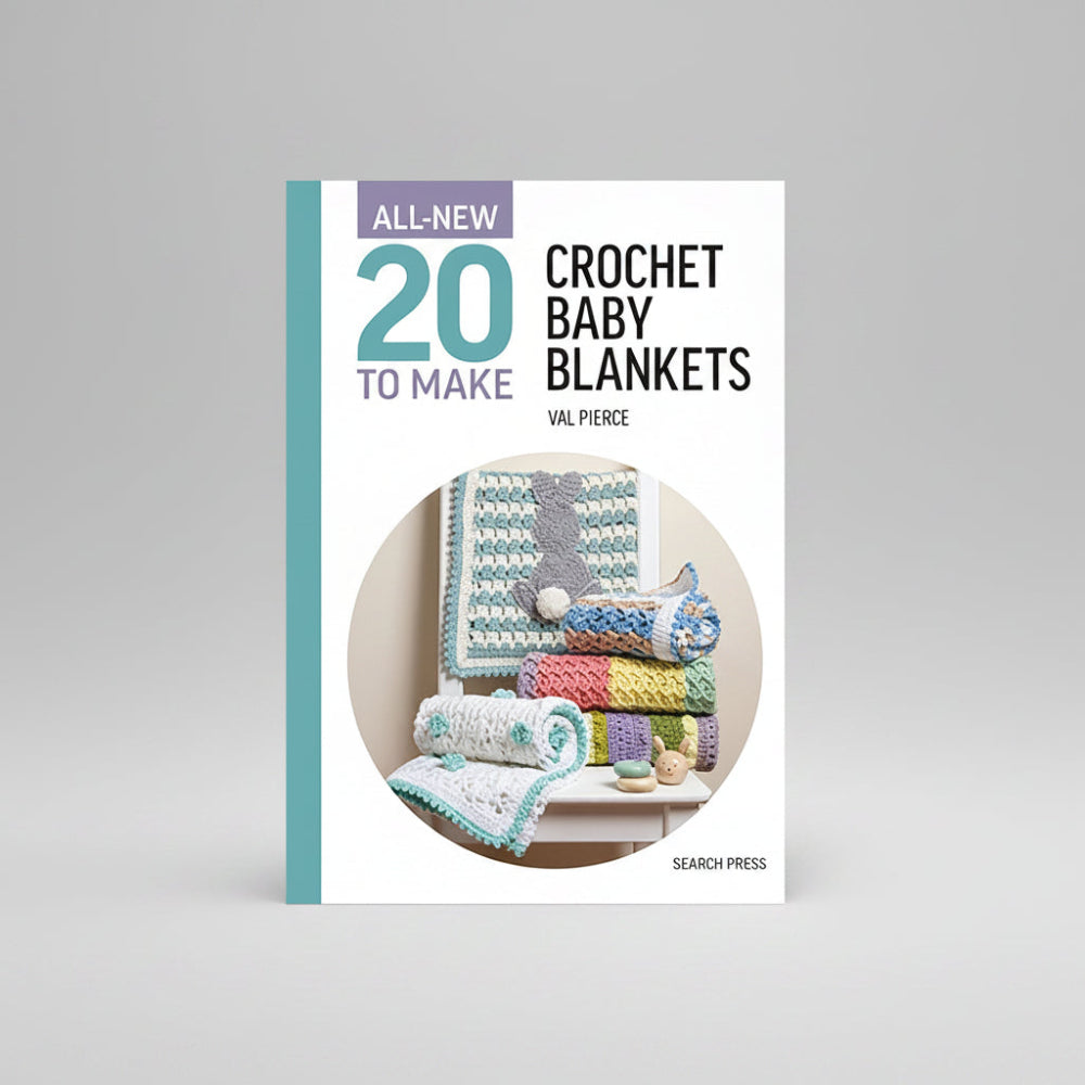 Book cover for 'All-New 20 to Make Crochet Baby Blankets' by Val Pierce, published by Search4Press, featuring a colourful crochet blanket set in a circular photo on a white background.