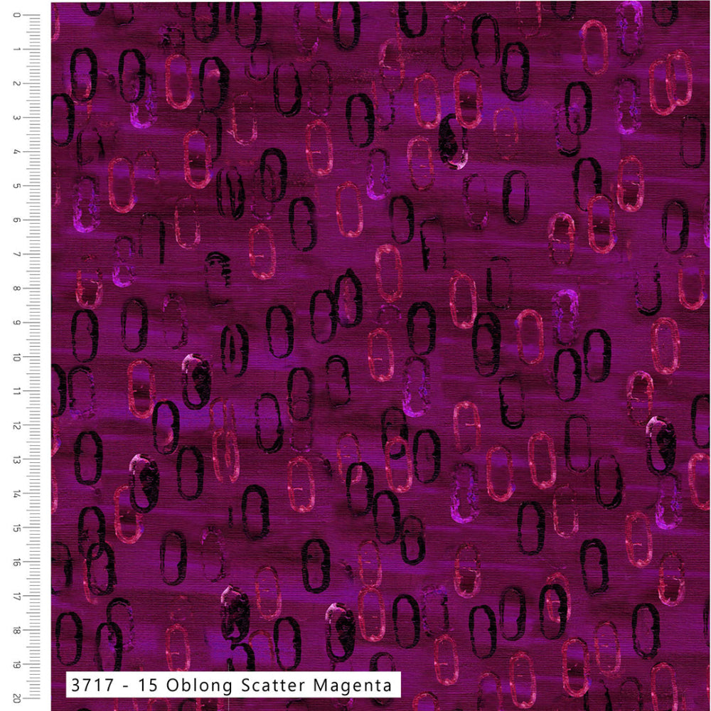 A close-up of fabric or material swatch showing a magenta-purple base with scattered irregular black and pink oval-like spots, labeled '3717 - 15 Oblong Scatter Magenta' along the bottom edge.