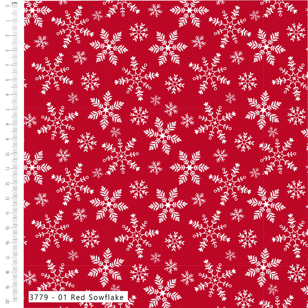 Red fabric with a repeating white snowflake pattern, shown flat with a white measurement ruler along the left edge and a label at the bottom reading 3779 - 01 Red Sowflake.