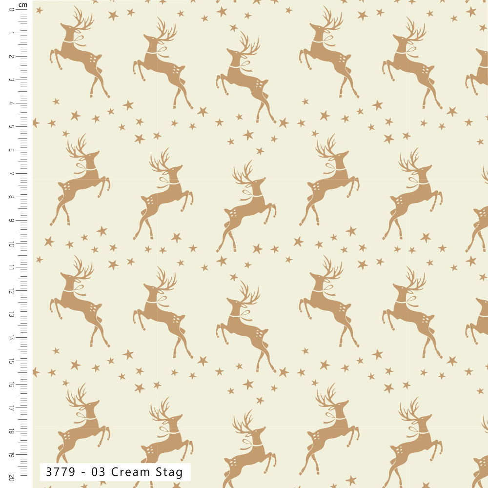 A repeating fabric pattern featuring brown stag silhouettes and small stars on a warm cream background, with a ruler along the left edge and a label at the bottom reading 3779 - 03 Cream Stag.