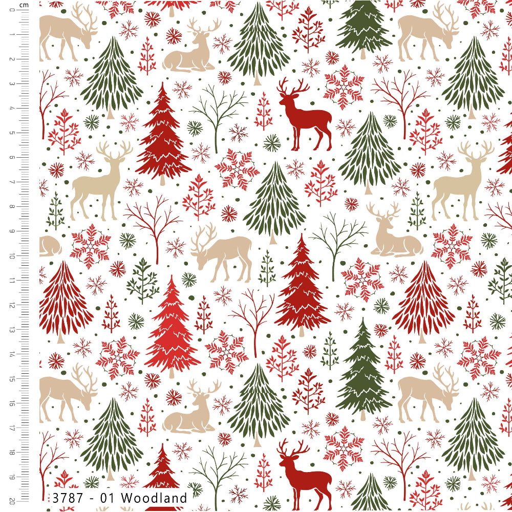 A repeating woodland Christmas pattern on a white background, featuring red and green pine trees, beige deer, red snowflakes, and small red-and-beige leafy trees. A ruler scale appears along the left edge, and the text '37877 - 01 Woodland' appears at the bottom.