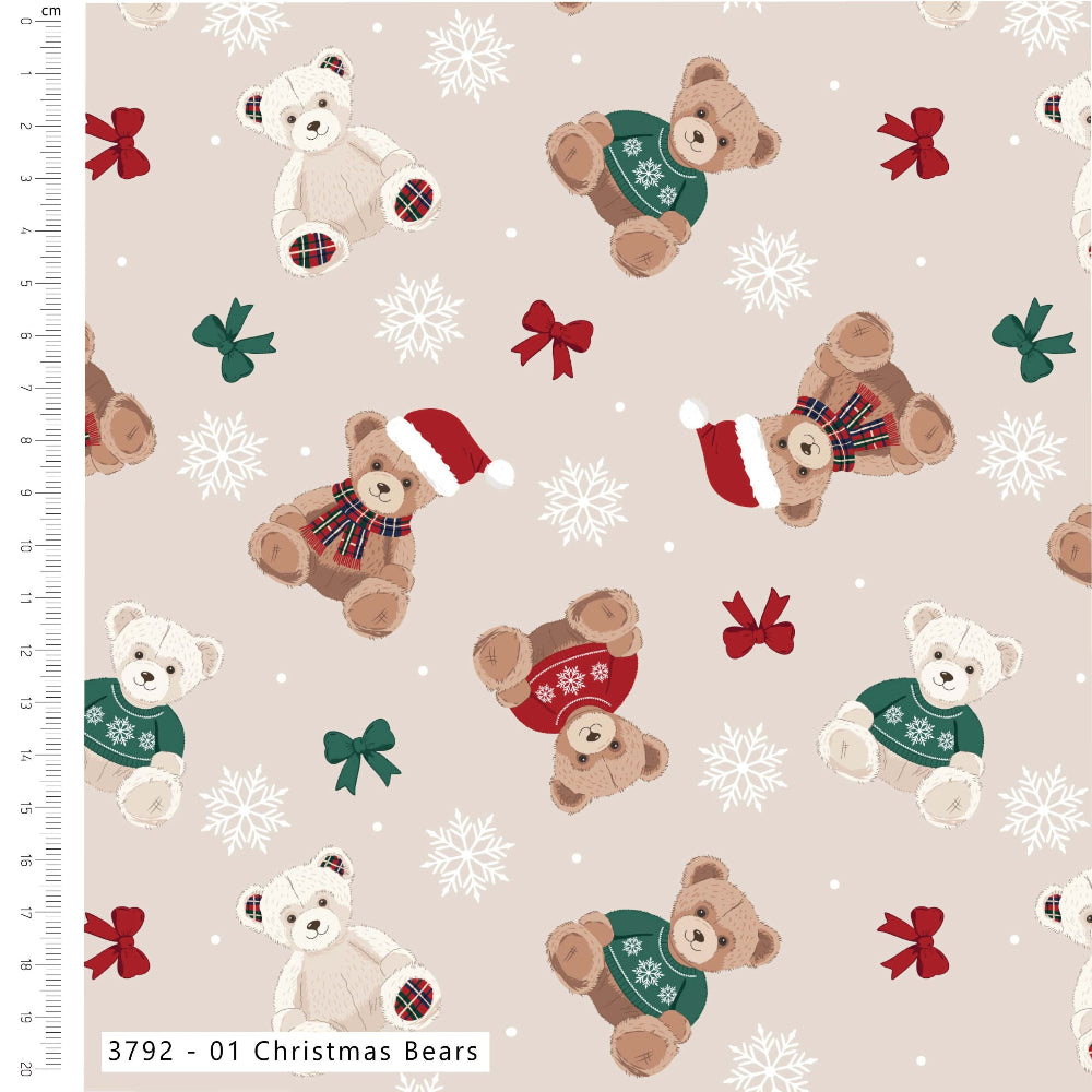 A repeating Christmas-themed pattern on a light beige background, featuring teddy bears in holiday sweaters, Santa hats, red bows, green bows, snowflakes, and small white dots. A fabric measurement ruler is visible along the left edge, and a label at the bottom reads '3792 - 01 Christmas Bears'.