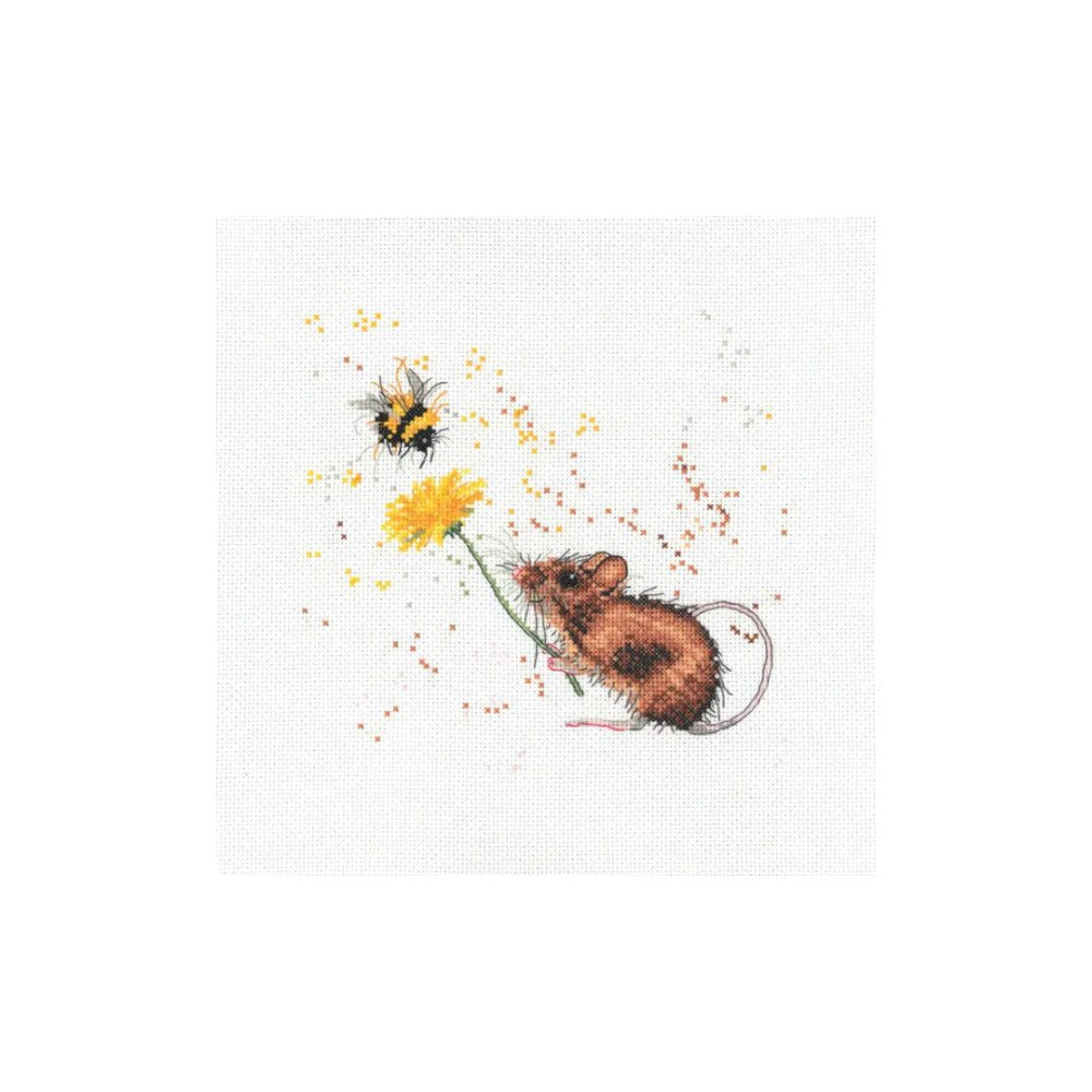 A square canvas print featuring a watercolor-style illustration of a brown mouse beside a yellow flower and a bumblebee, set against a white background with subtle paint splatter details.