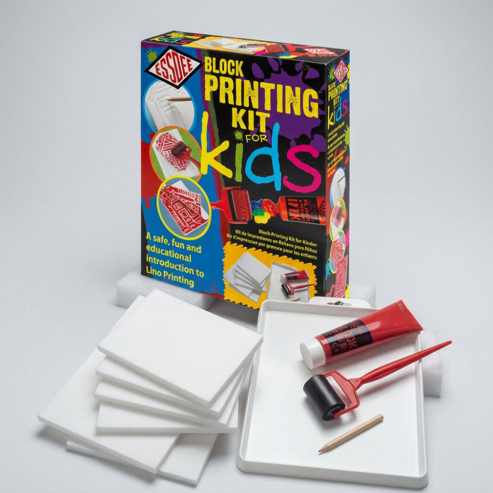 Block printing kit for kids with packaging, printing plates, and tools on a white background