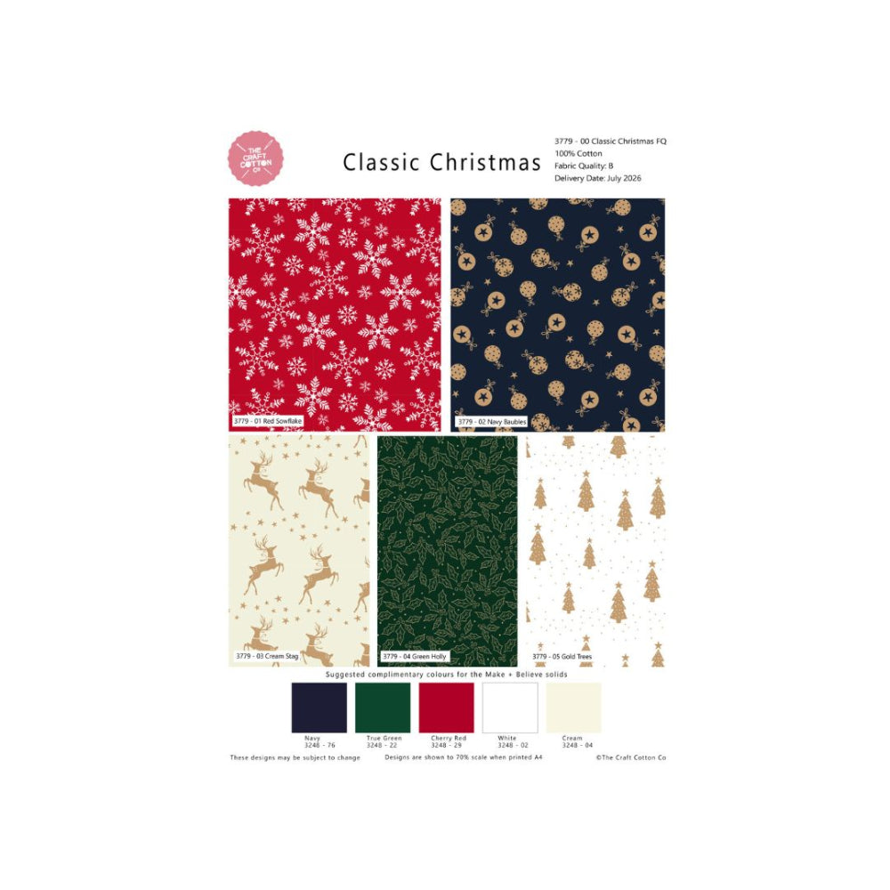 A fabric pattern swatch sheet titled 'Classic Christmas' showing six holiday-themed print options: red with white snowflakes, navy with gold ornaments, cream with gold reindeer, dark green with green foliage, cream with gold trees, and a colour palette strip at the bottom.