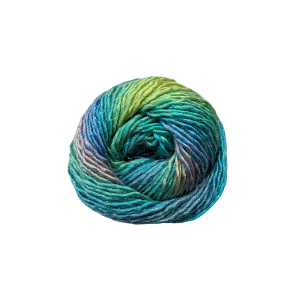 A single ball of variegated yarn with a gradient of teal, blue, green, and hints of purple, isolated on a solid white background.