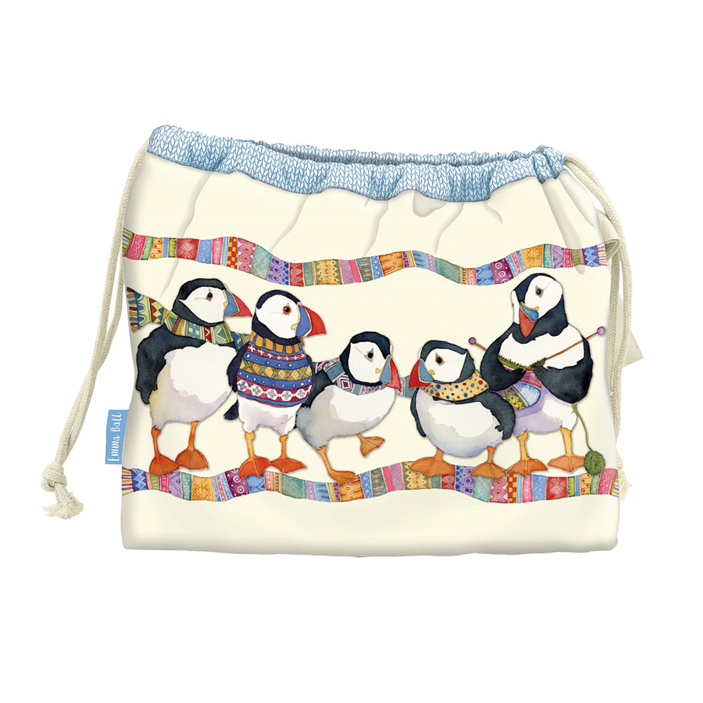 Emma Ball Knitting Puffins Drawstring Bag