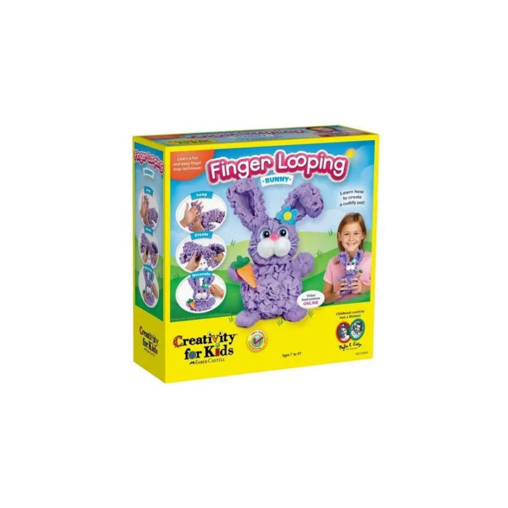 Finger Looping Bunny toy kit box for kids, featuring a purple bunny with a bow and instructions on the front packaging.