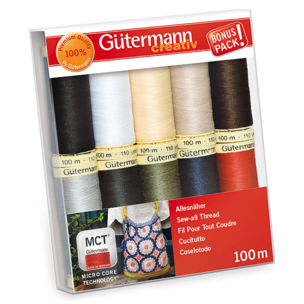 Gutermann thread set packaging with various colours of thread spools.