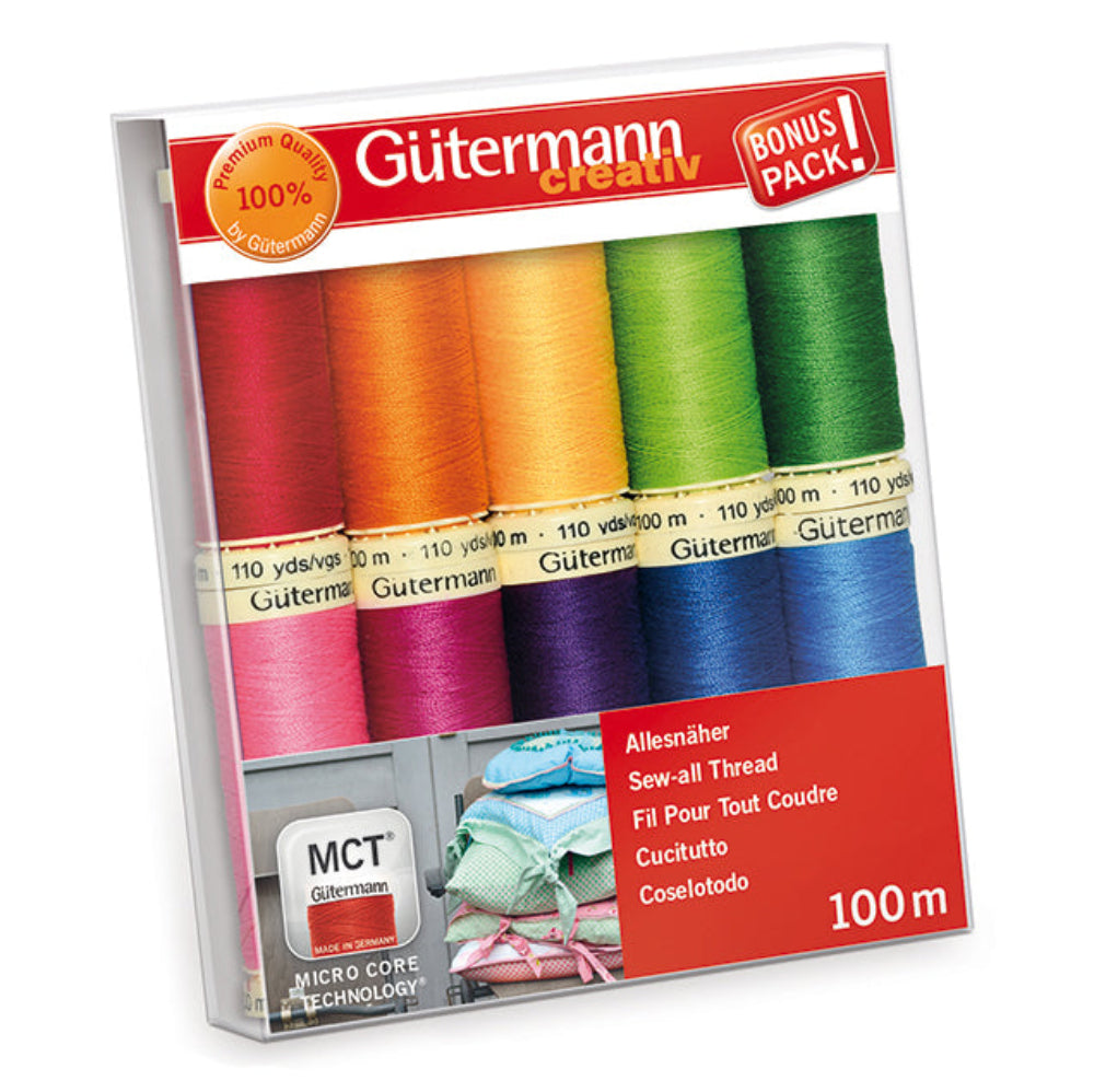 Pack of Gutermann sewing threads in various bright colours on a white background