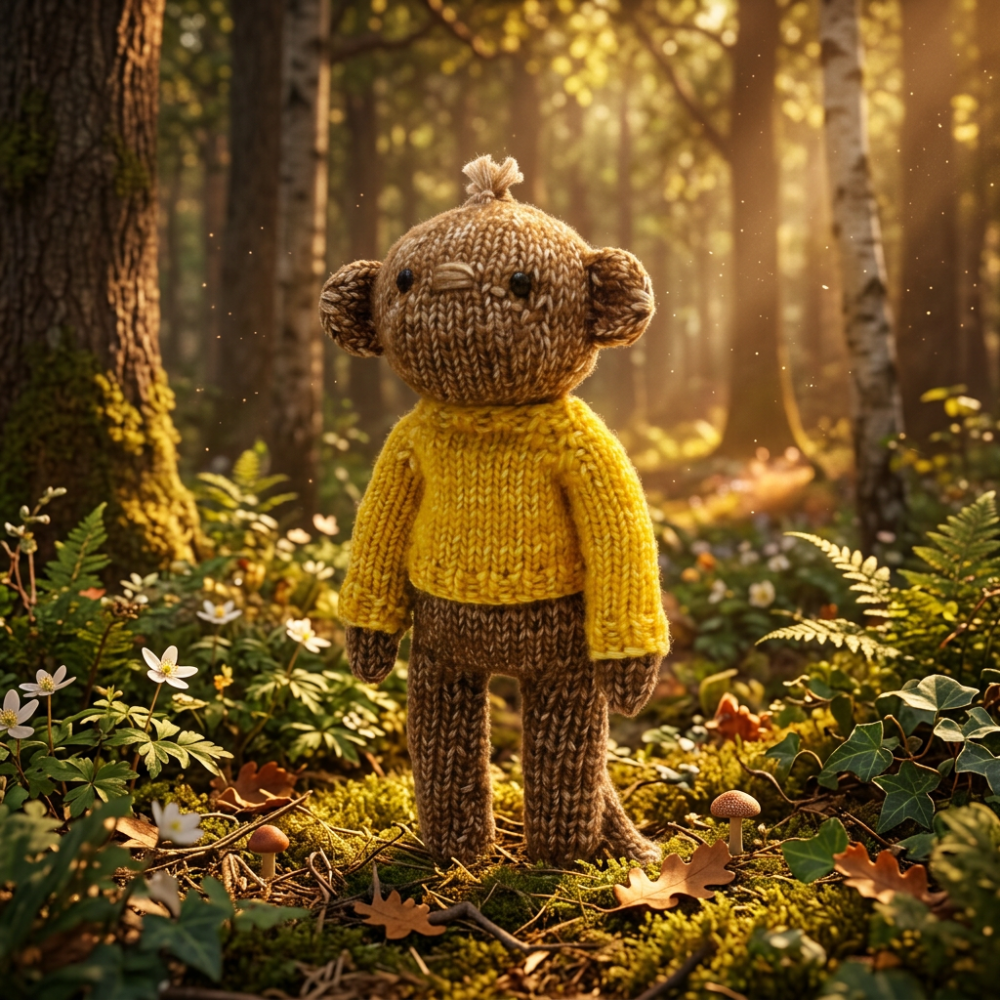 Knitted monkey toy wearing a yellow sweater on a white background