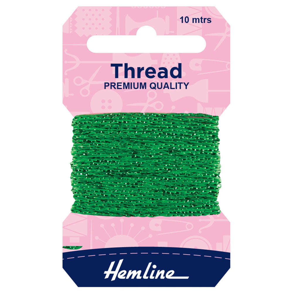 A 10-meter spool of Hemline premium quality embroidery thread in a vibrant green colour, presented on its pink and navy blue retail card packaging.