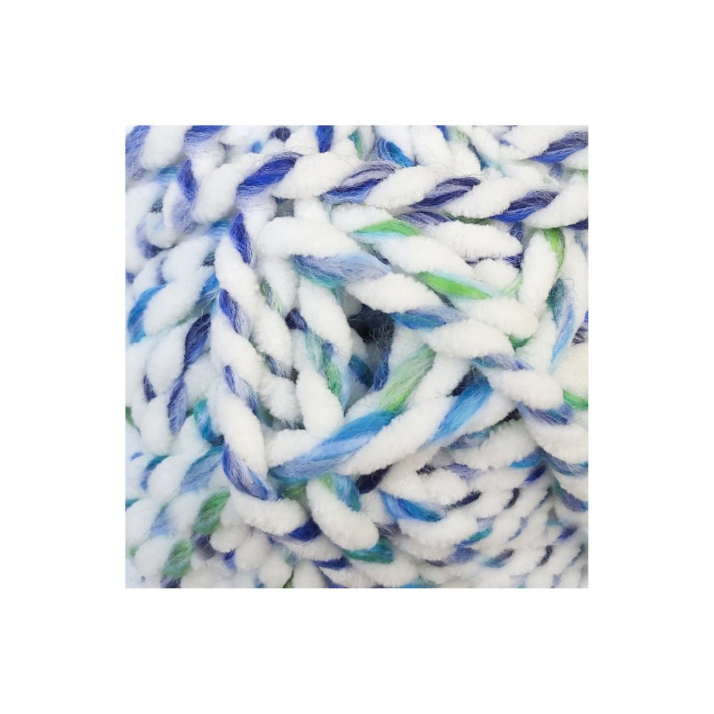 A close-up of thick, fuzzy yarn with a variegated colour pattern of white, blue, and green, presented on a clean white background.