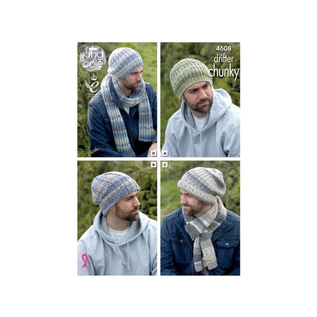 King Cole Chunky Mens Hat and Scarf Knitting Pattern 4608
