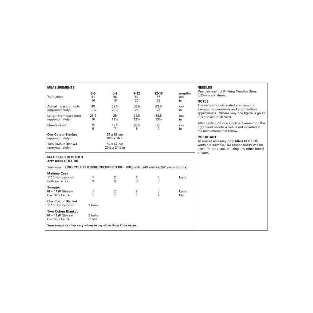 King Cole Baby DK Knitting Pattern 6183 Yarn Quantities
