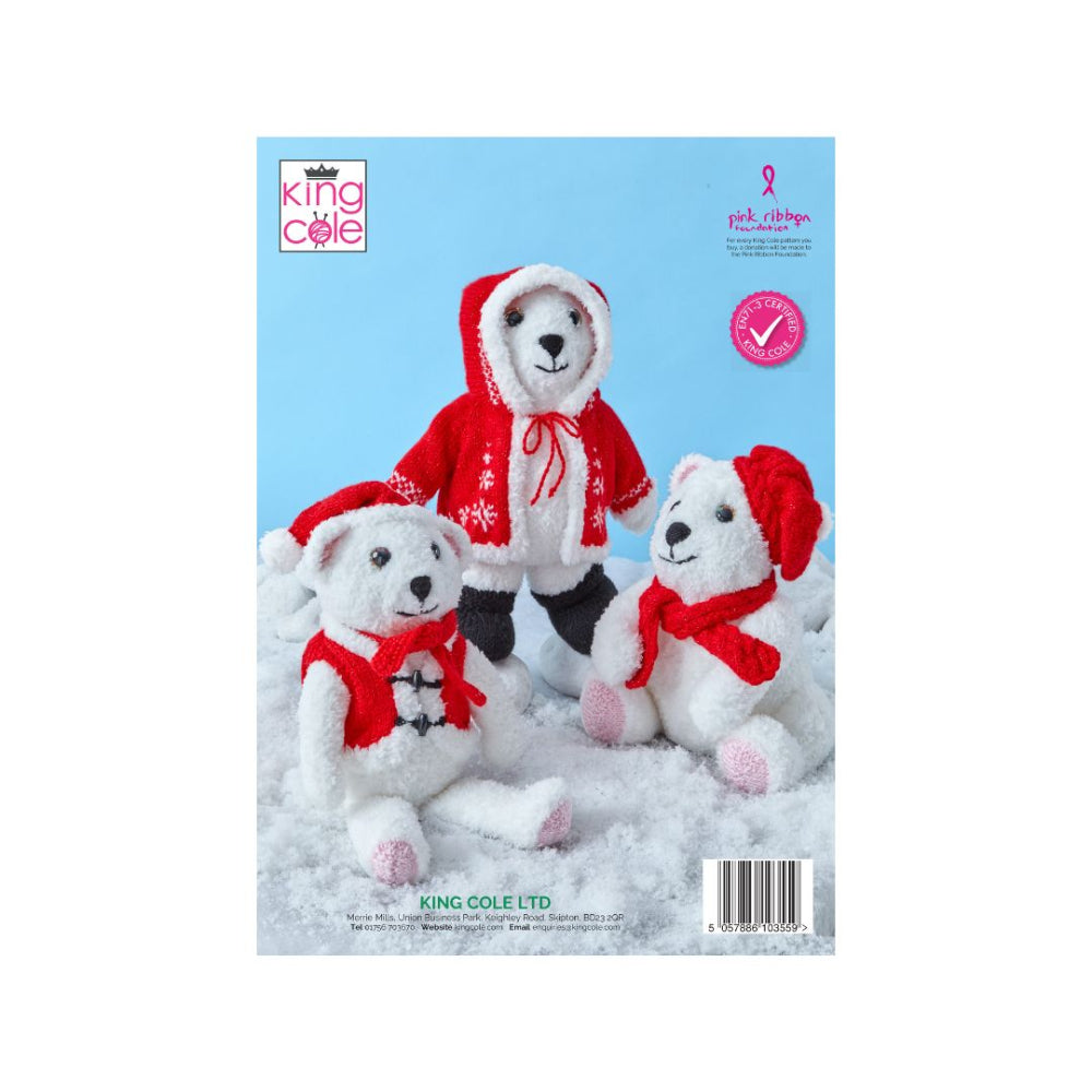 King Cole Ltd knitting pattern cover for plush bears, showing three white yarn polar bears dressed in red winter clothing against a light blue background with white faux snow.