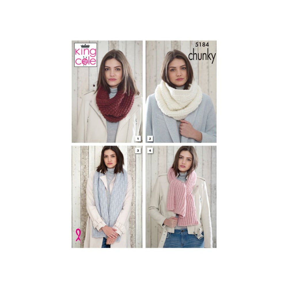 King Cole Chunky Snood and Scarf Knitting Pattern 5184