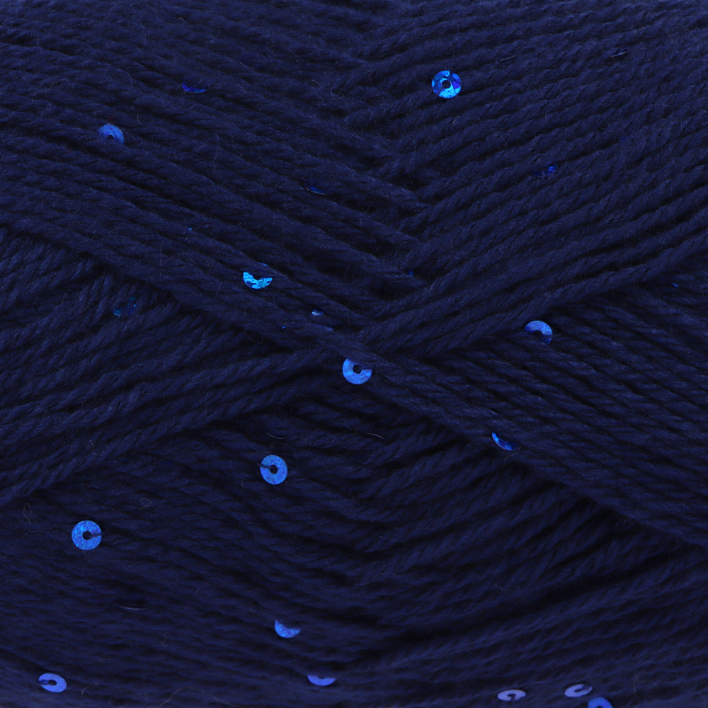 Close-up of dark navy blue yarn with small iridescent blue sequins woven throughout.