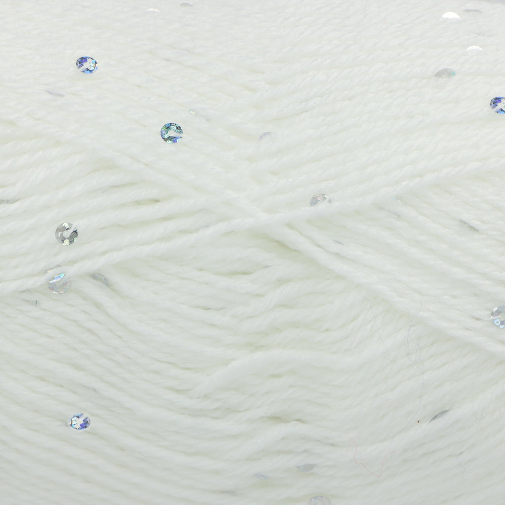 White yarn with scattered iridescent sequins, shown in a close-up texture view.