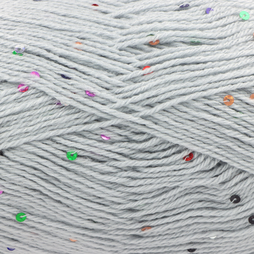 Light grey yarn with scattered small multicoloured sequins, shown in a close-up texture view.