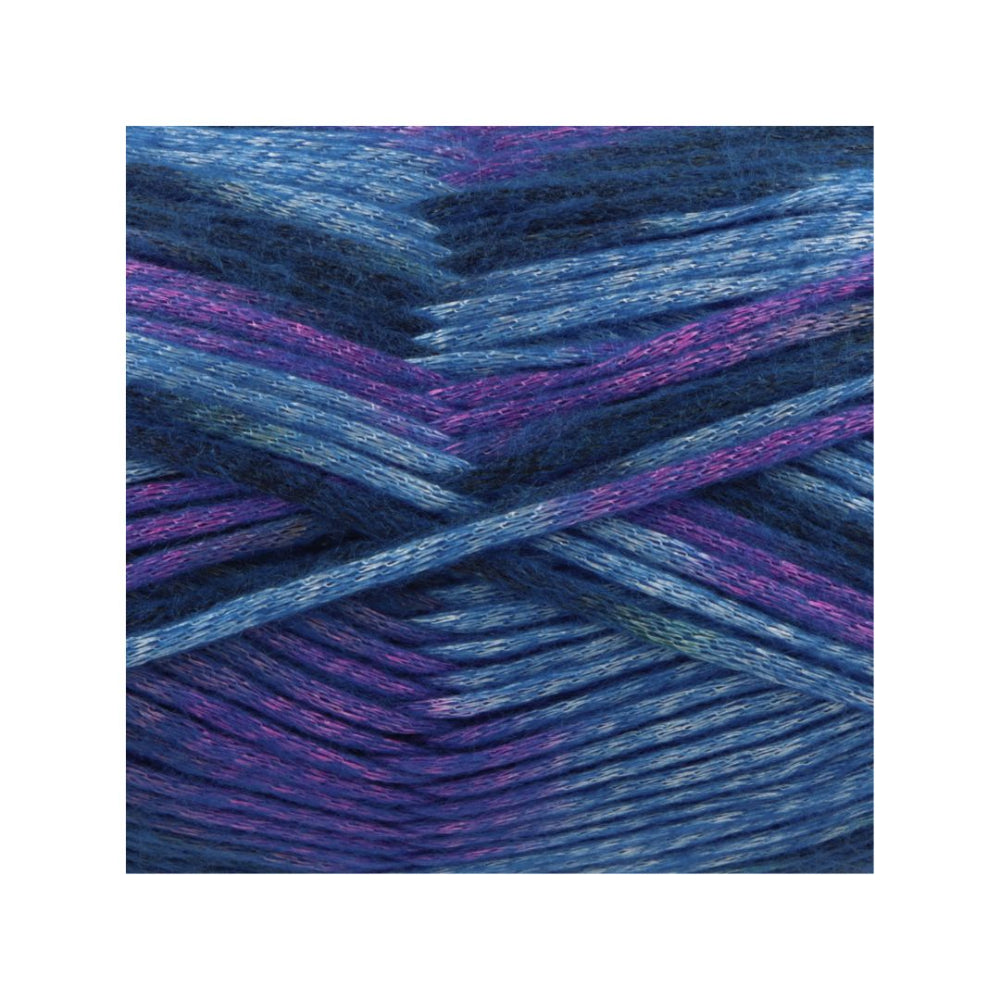 A close-up of variegated yarn strands in shades of blue, purple, and pink, arranged in a crisscross pattern on a white background.