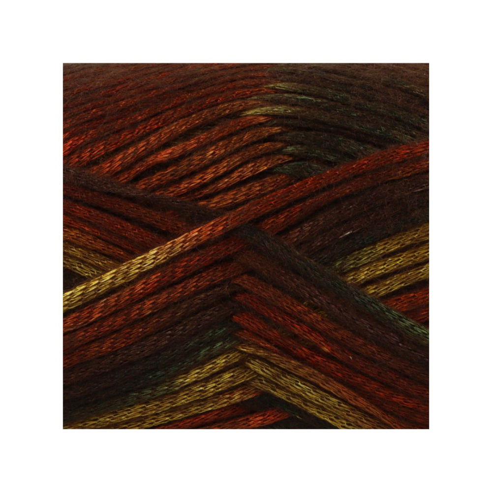A close-up of a skein of variegated yarn with alternating stripes of deep brown, rust red, and metallic gold.