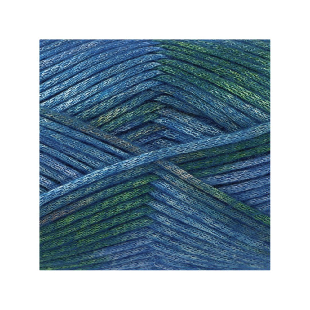 A close-up of variegated yarn strands in shades of blue and green, arranged in a textured pattern on a white background.