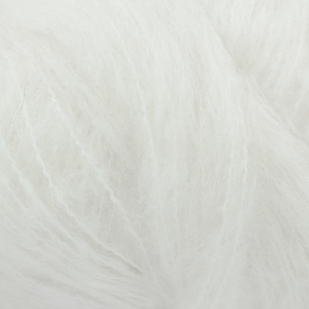 A close-up texture shot of fluffy white yarn showing soft fibres and subtle shadows.