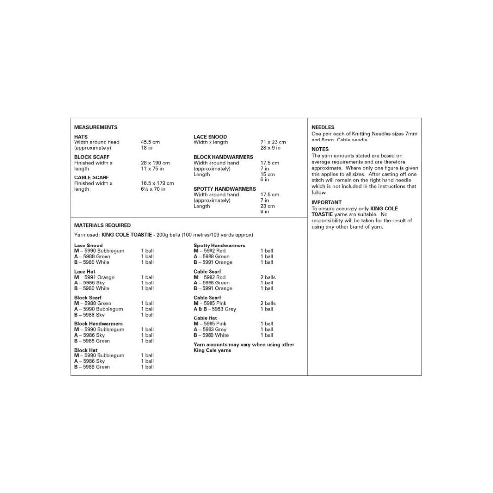 King Cole Knitting Pattern 6232 Yarn Quantities