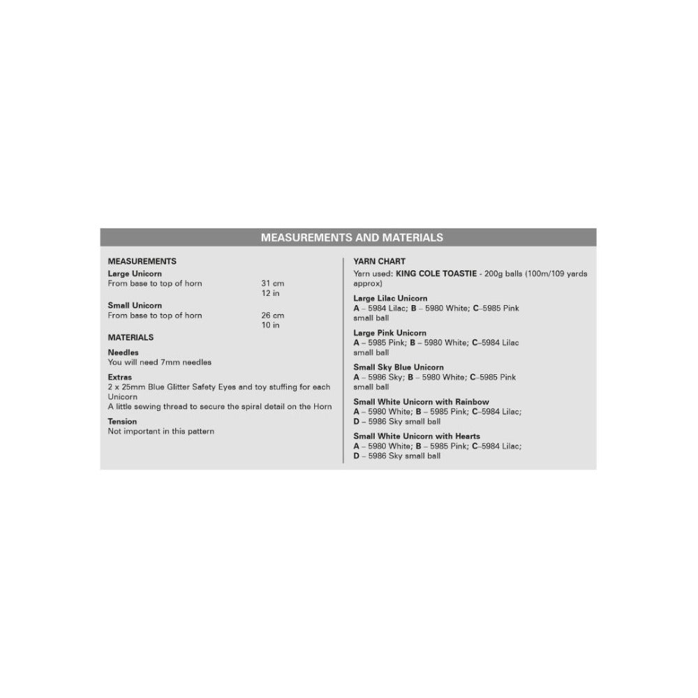 King Cole Unicorn Knitting Pattern 9193 Yarn Quantities