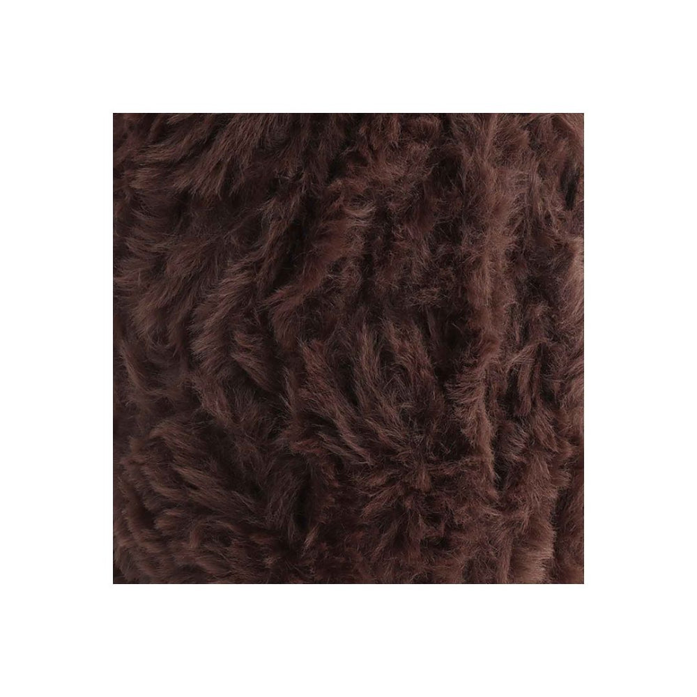 A square close-up of dark brown shaggy faux fur texture, centered on a white background.