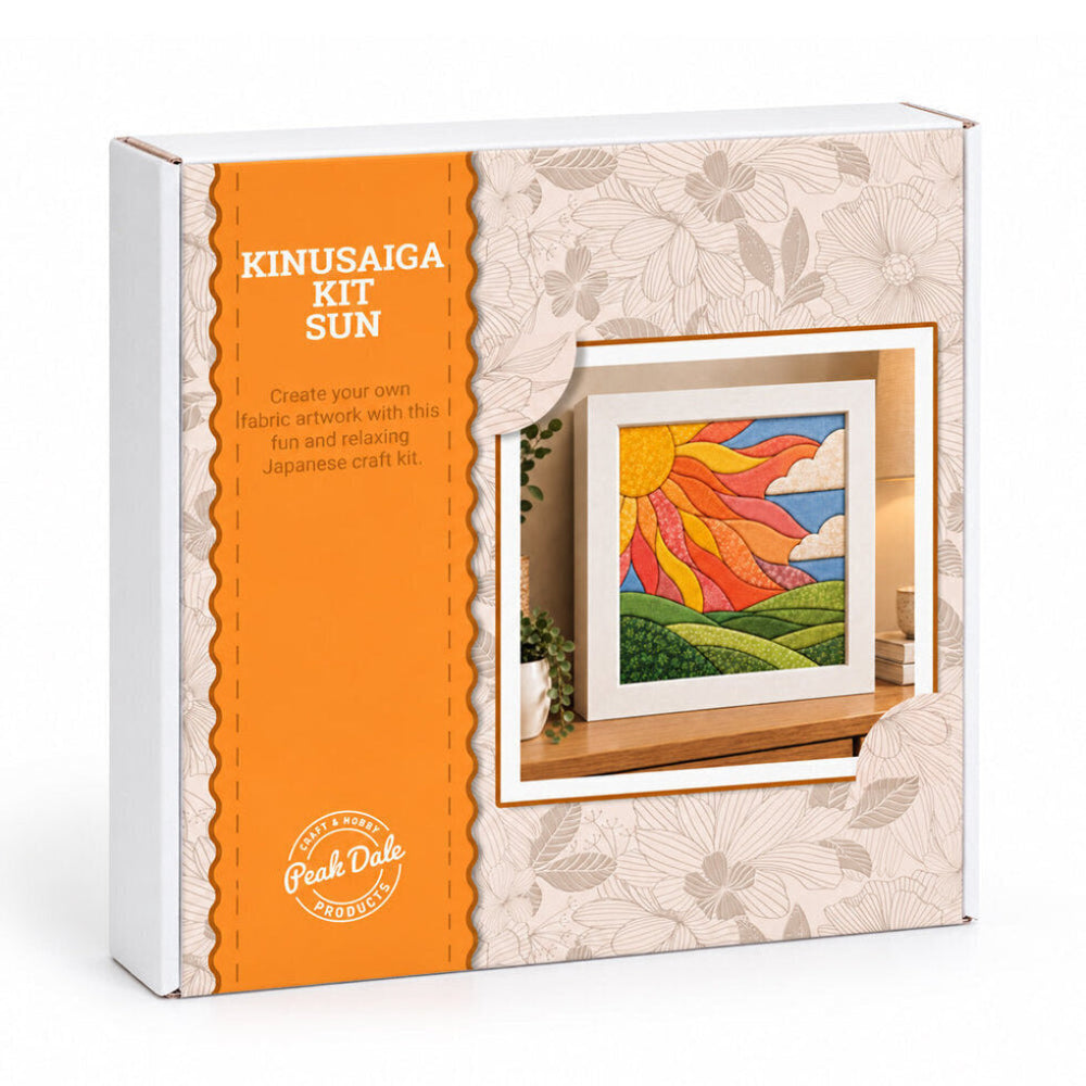 Kinusaiga Kit Sun craft kit box by Peek Doko, featuring a white and orange package design with a floral pattern and an illustration of a colourful sun painting.