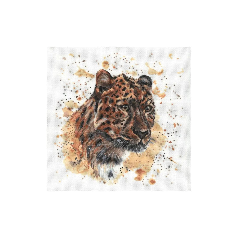 A square canvas print featuring a painted leopard head with brown, black, and beige watercolor splashes on a white background.