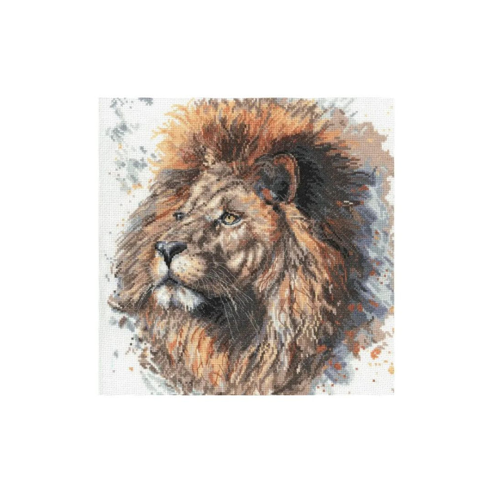 A square canvas or print featuring a painted lion head portrait with a full mane, shown centered on a plain white background.