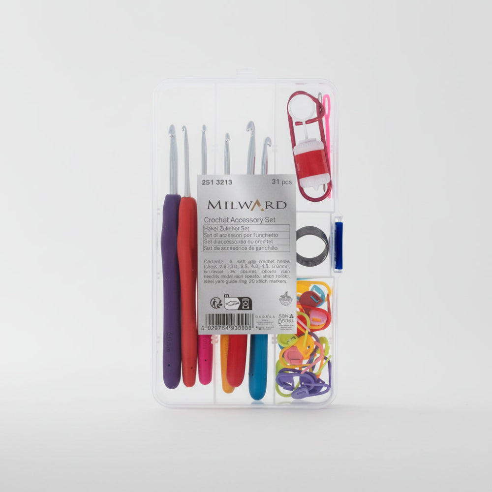 Milward crochet accessory set with various hooks and tools in a clear plastic case on a white background.