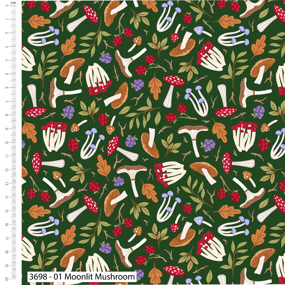 Nightfall Forest Moonlit Mushrooms Cotton Fabric