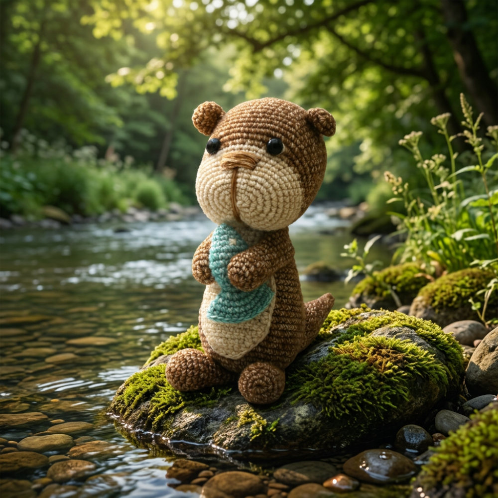 A crocheted otter plush toy in brown and cream, holding a light blue fish