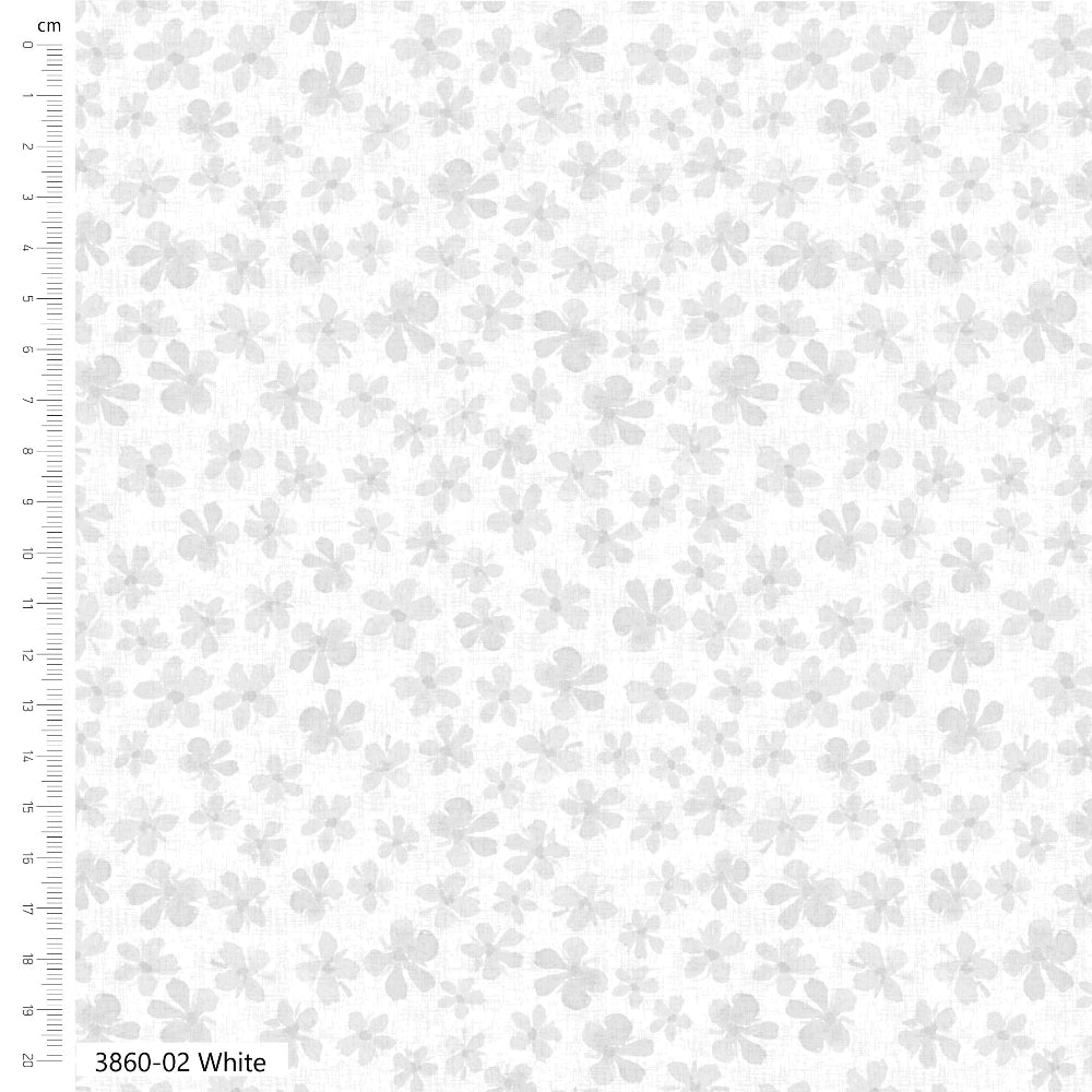 White fabric with a repeating light gray floral pattern, shown with a cm ruler on the left side and the text '3860-02 White' at the bottom left.