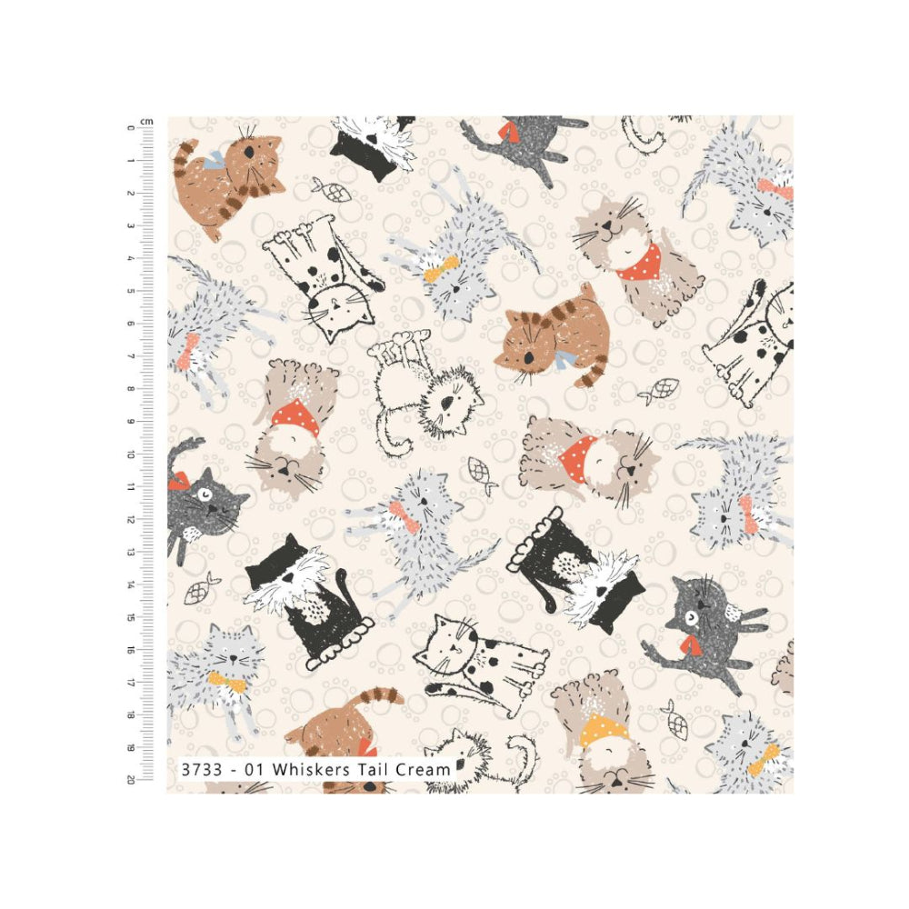 Purrfect Cats 100 % Cotton Fabric Whiskers & Tails Cream