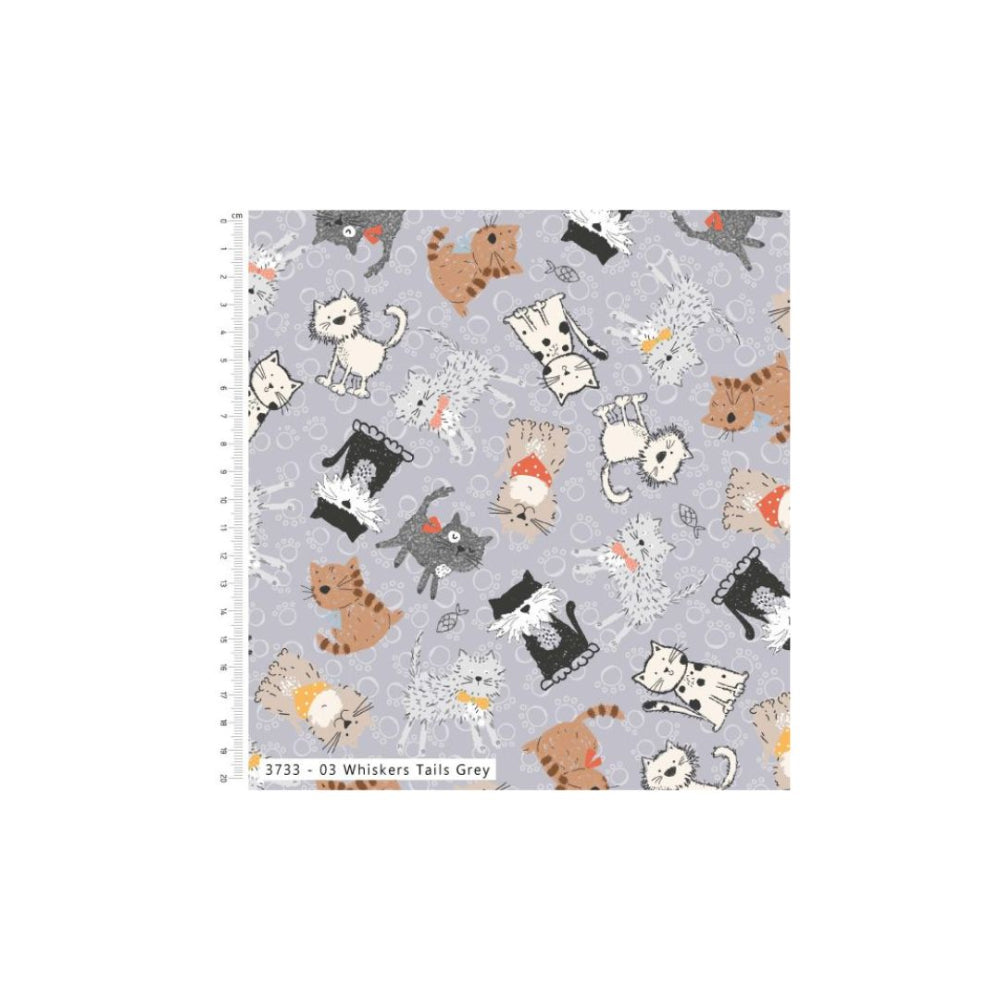Purrfect Cats 100% Cotton Fabric Whiskers Tails Grey