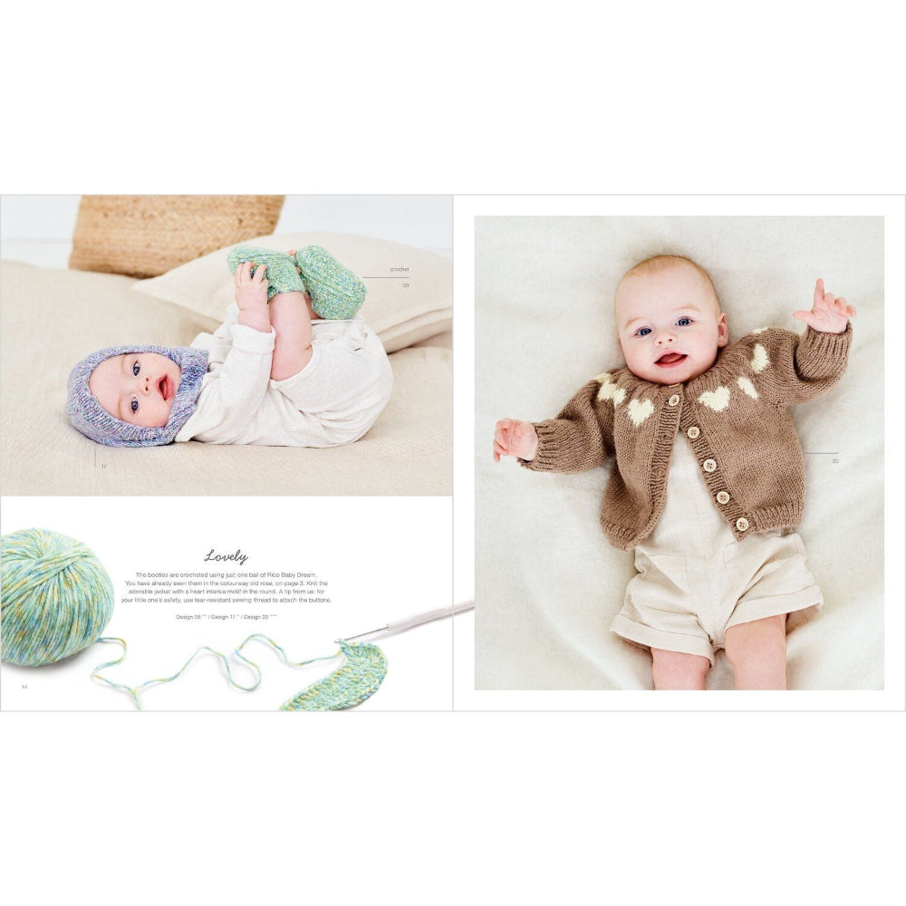 A collage showing a baby wearing knitted clothing: a blue knit bonnet and green knit booties on the left, and a brown knit cardigan with cream heart motifs and beige shorts on the right. A ball of green yarn and crochet hook appear at the bottom left with a small text panel reading 'Lovely'.