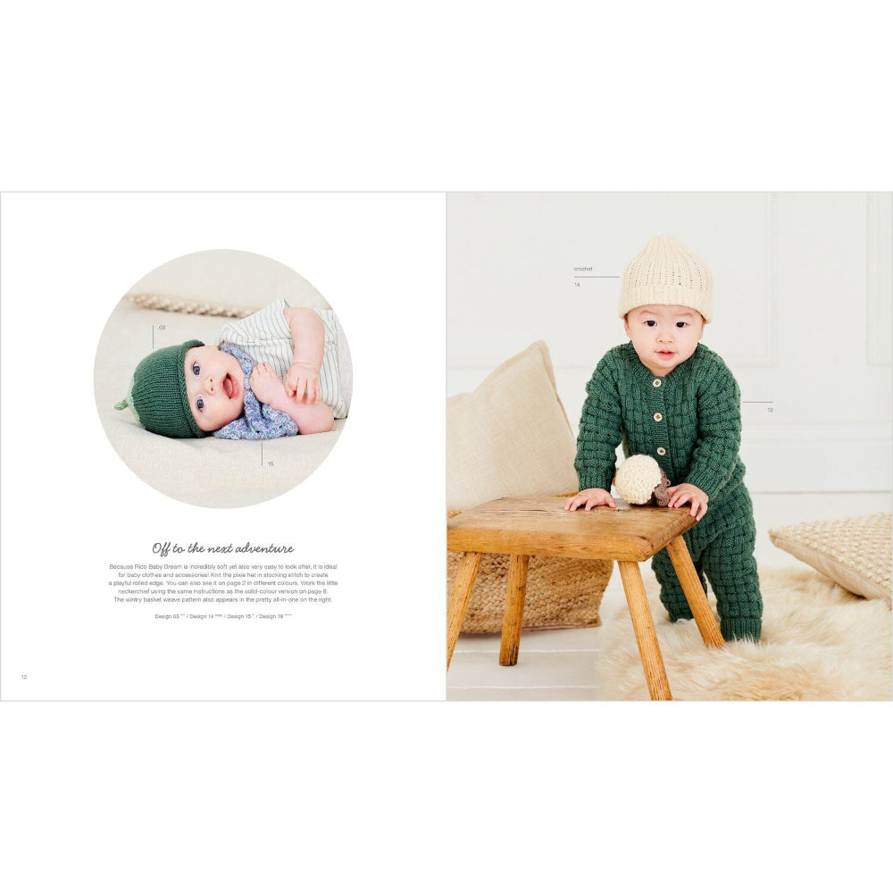 A baby outfit catalog spread showing two views of a knit one-piece outfit. On the left, a circular inset shows a baby wearing the outfit in light blue and green.