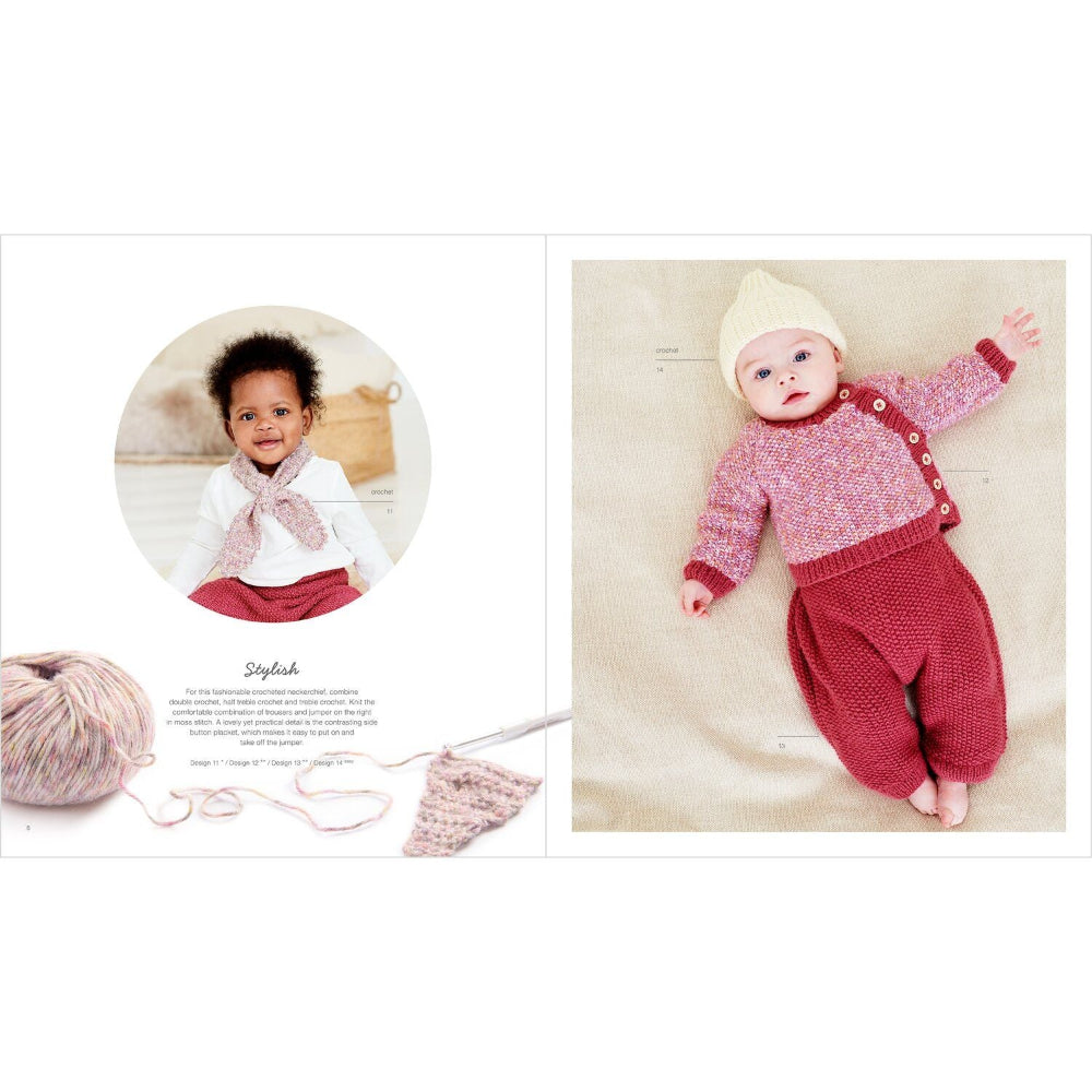 A baby knit outfit set shown in a styled catalog layout. On the right, a baby lies on a beige fabric surface wearing a pink knit cardigan with red buttons, a cream knit hat, and red knit pants.