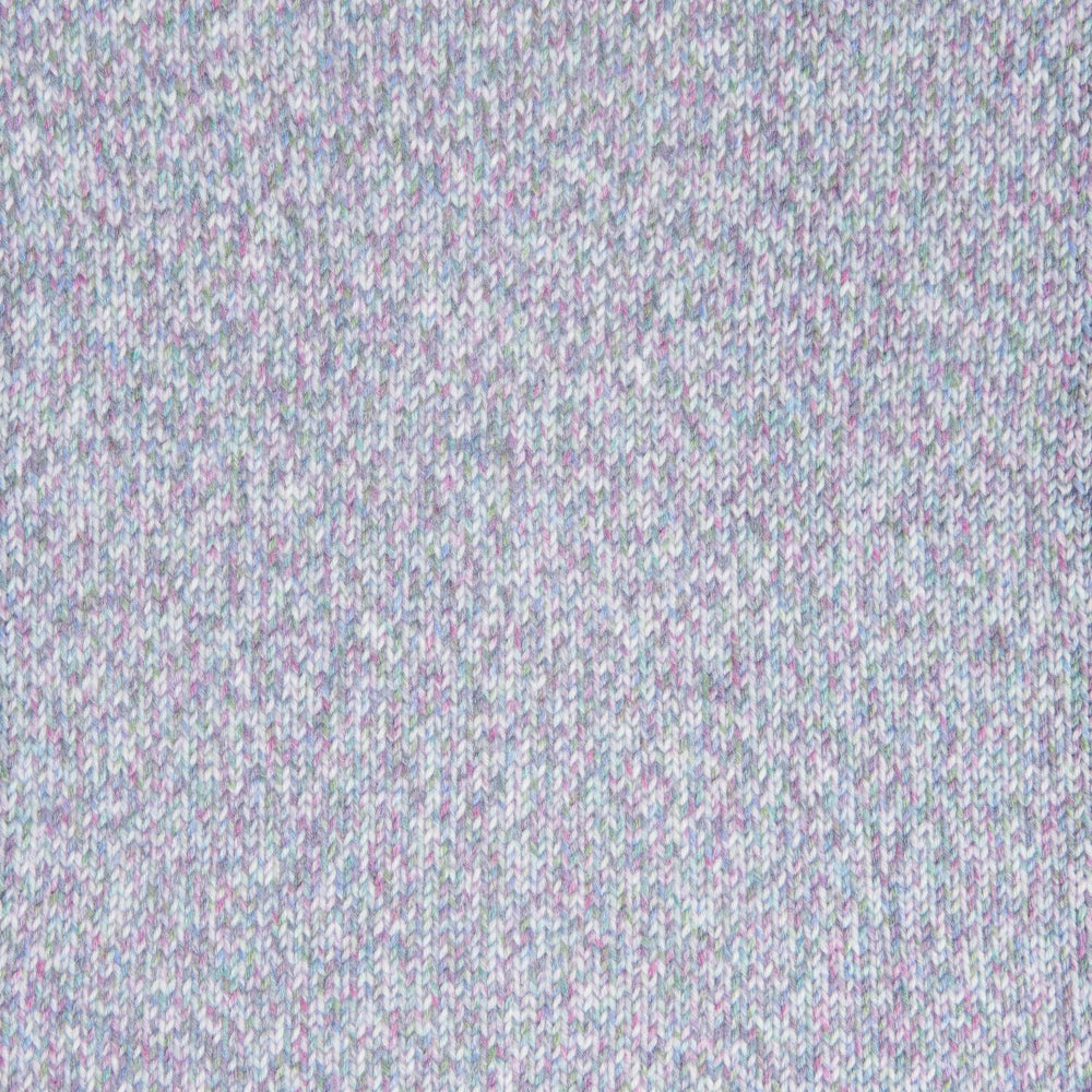 A close-up of a heathered knit fabric texture in a light gray base with subtle pink and blue flecks throughout.