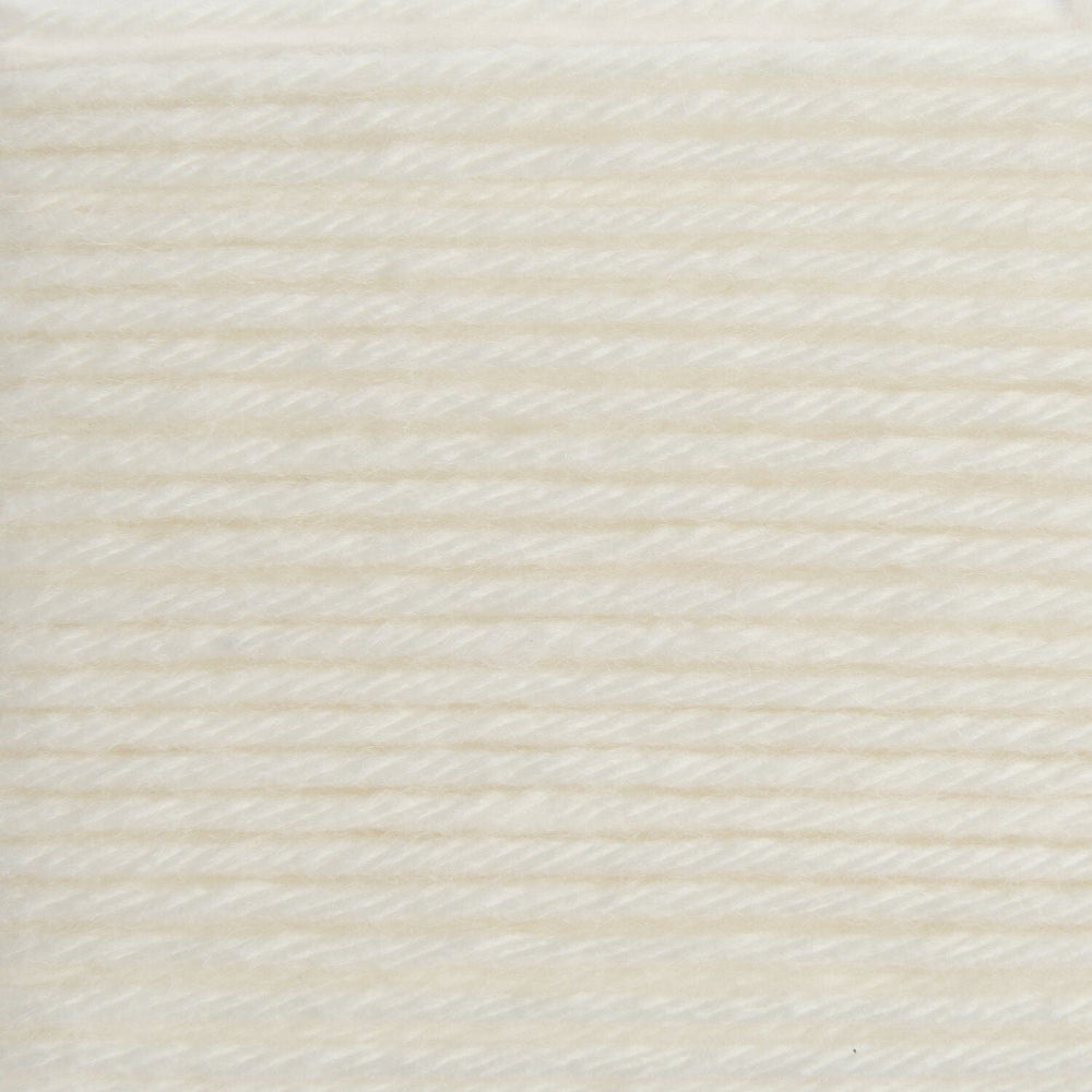 A close-up texture shot of cream-colored yarn wound horizontally, showing the fine twisted strands and soft, warm off-white color.