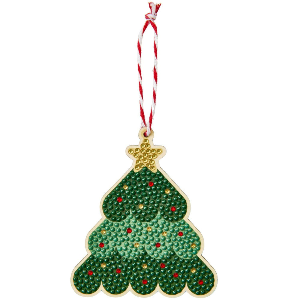 A Christmas tree-shaped hanging ornament with a gold-tone star on top, covered in green textured material with small red and gold decorative dots, and suspended from a red-and-white striped string against a plain white background.