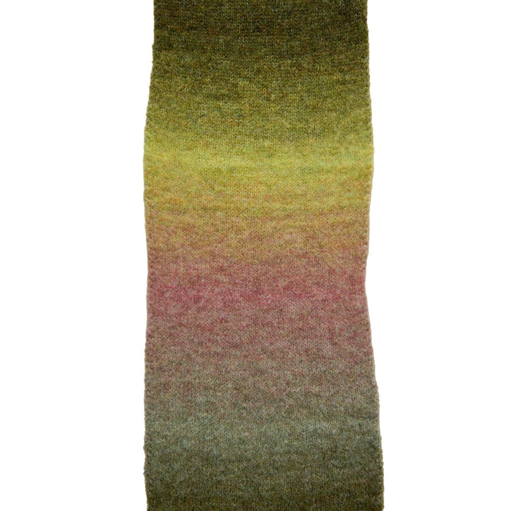 A textured knit scarf featuring a vertical ombre gradient transitioning from olive green at the top, through yellow, to dusty pink in the middle, and ending in muted green at the bottom, shown against a plain white background.