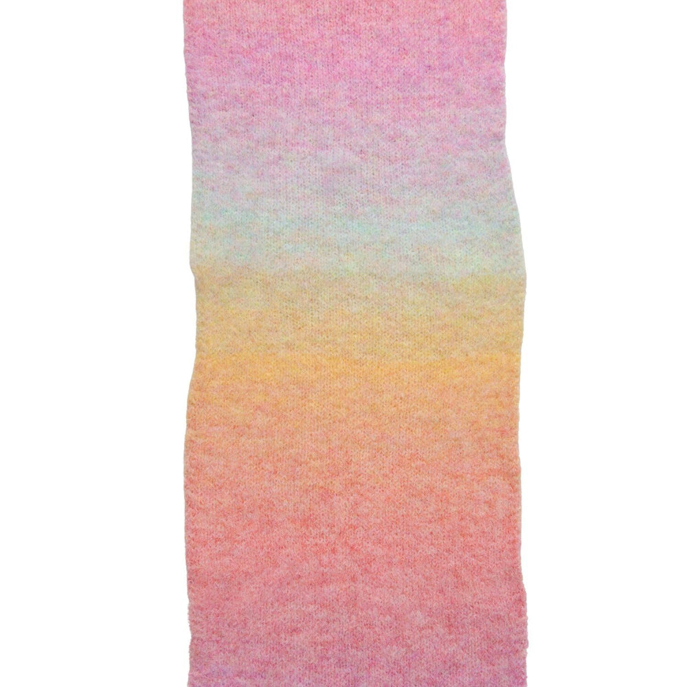 A vertical rectangular fabric swatch with a soft pastel ombre gradient transitioning from pink at the top, through pale blue and yellow, to peach-pink at the bottom, shown on a white background.